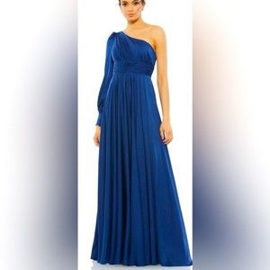 NWT Mac Duggal One Shoulder Bishop Sleeve Flowy Formal Gown in Midnight Blue